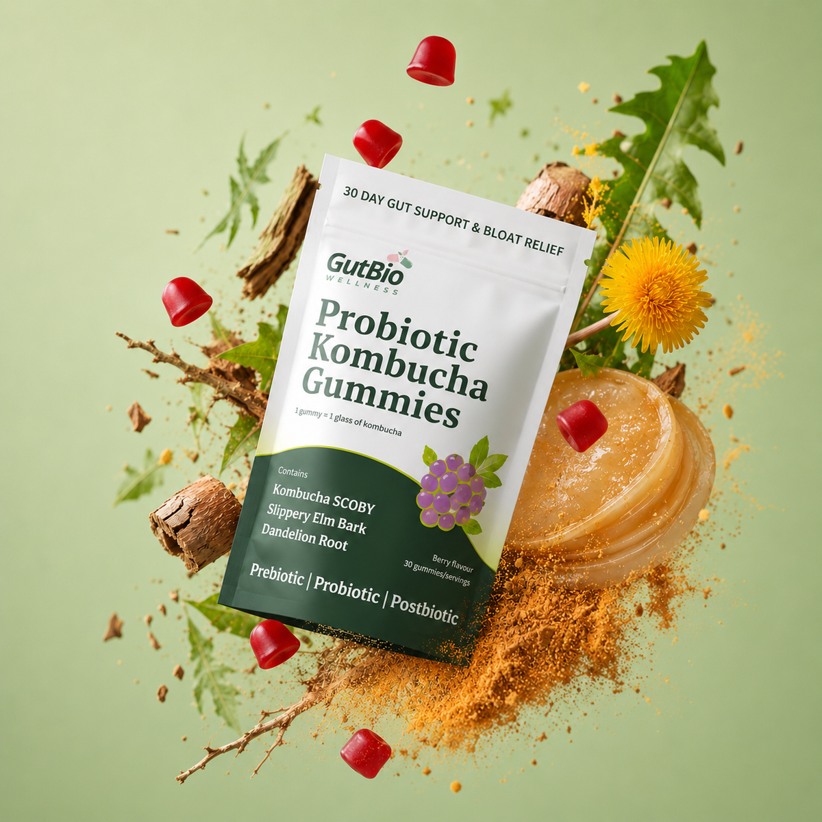 Probiotic Kombucha Gummies - Daily Gut &amp; Regularity Support